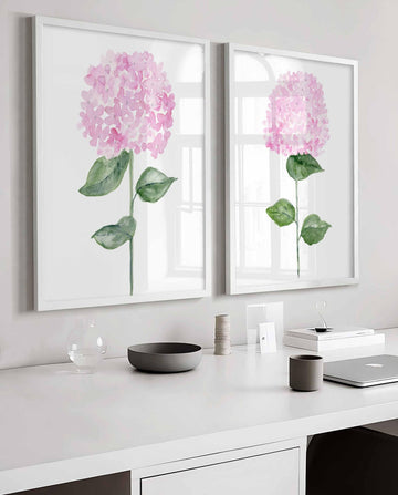 Pink Hydrangea Watercolor, Set of Two Prints, Soft Pink Hydrangea Painting, Botanical Floral Prints, Set of 2 Flowers, Blush Flower Wall Art